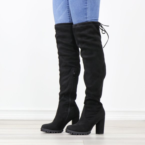 Black Faux Suede Round Toe Thigh High Over The Knee Block Lug High Heel Boots - Picture 13 of 13